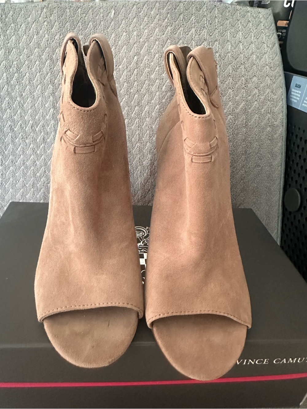 Vince Camuto Tan Suede Open-Toe Ankle Booties